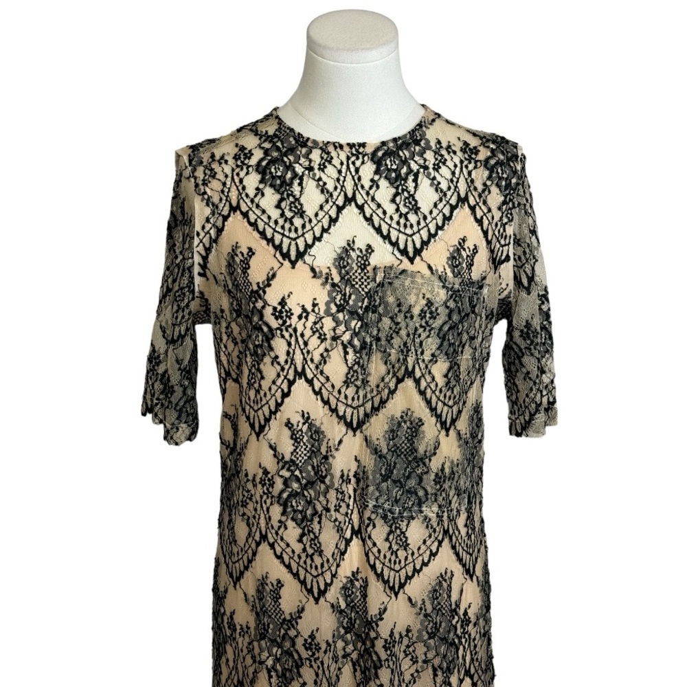 CAARA Nordstrom Scallopd Lace Shift Dress Black Beige Holiday Party Wedding Sz M - Picture 8 of 14